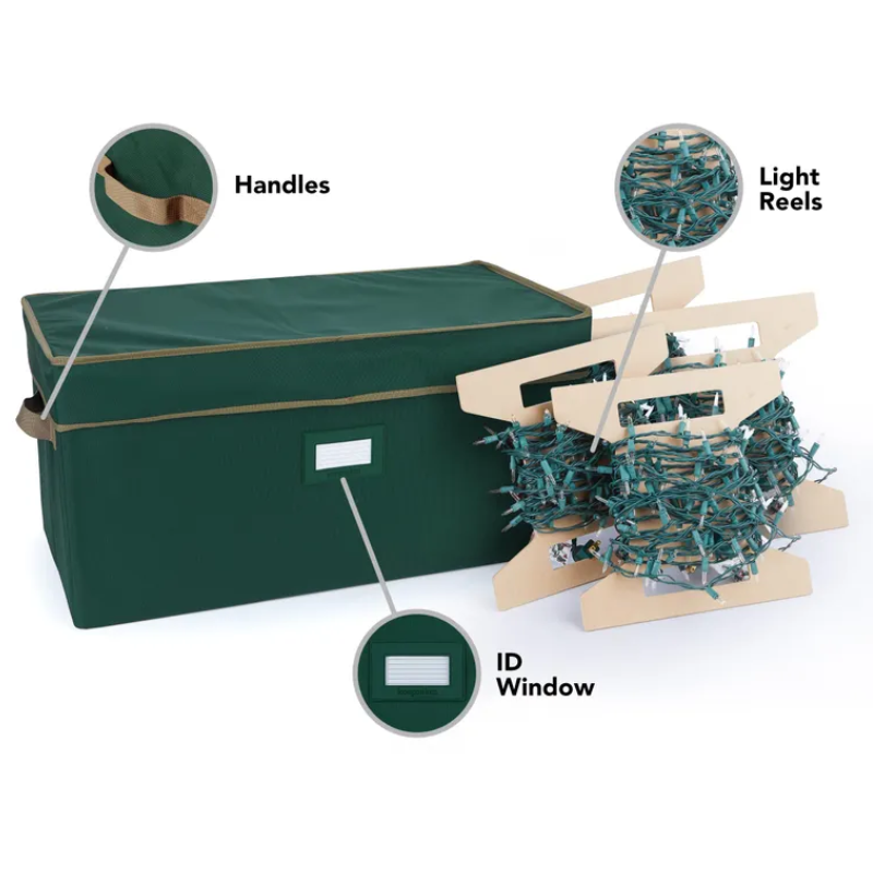 Storage for Christmas lights with reels to roll lights on. Durable green bag with strong handles on white background. 