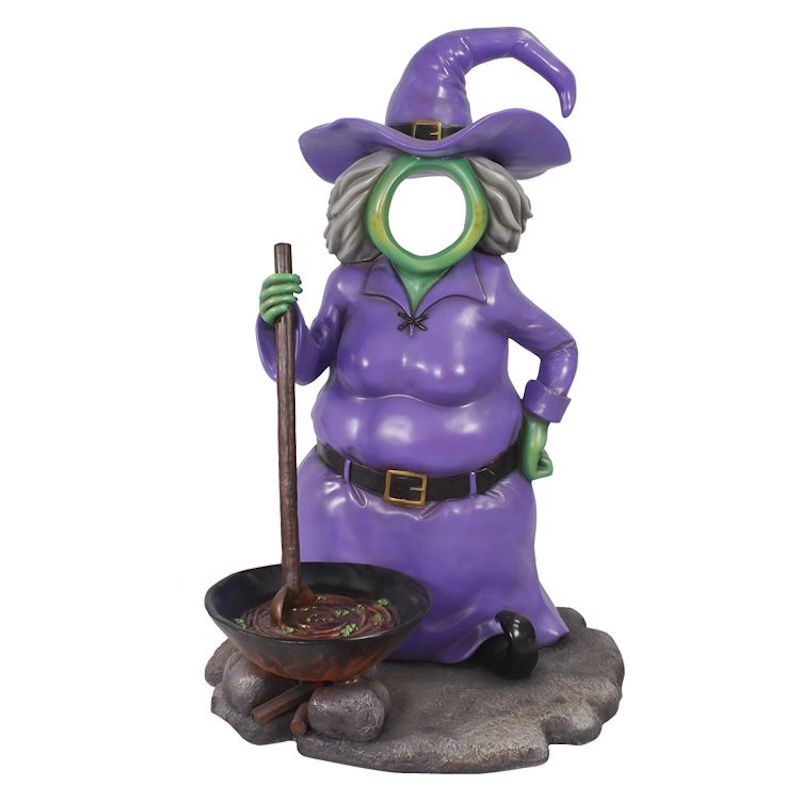 6Ft witch photo op statue with cutout for face purple dress and cauldron