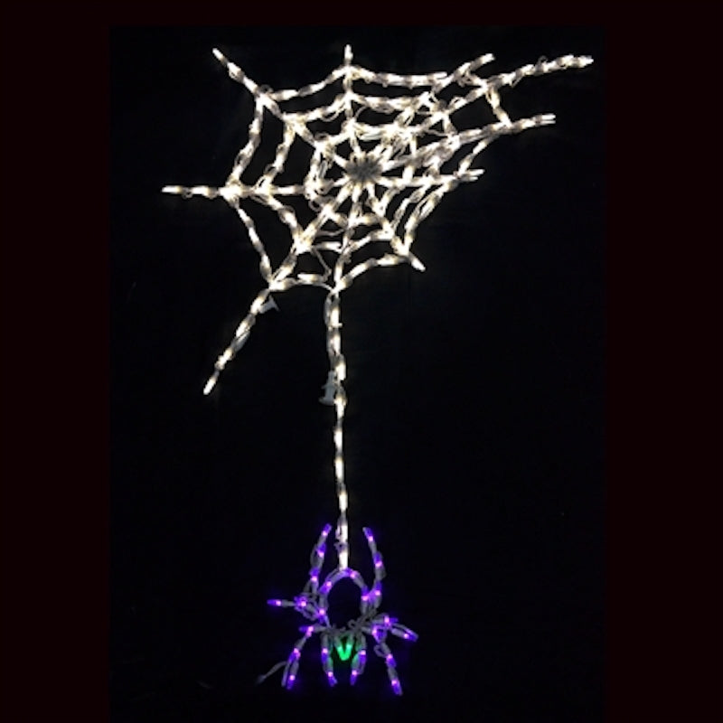 Hanging spider decoration almost four feet long with white web, purple spider and green accents