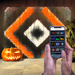 Hands holding phone with app that controls LED smart light curtain with halloween display.