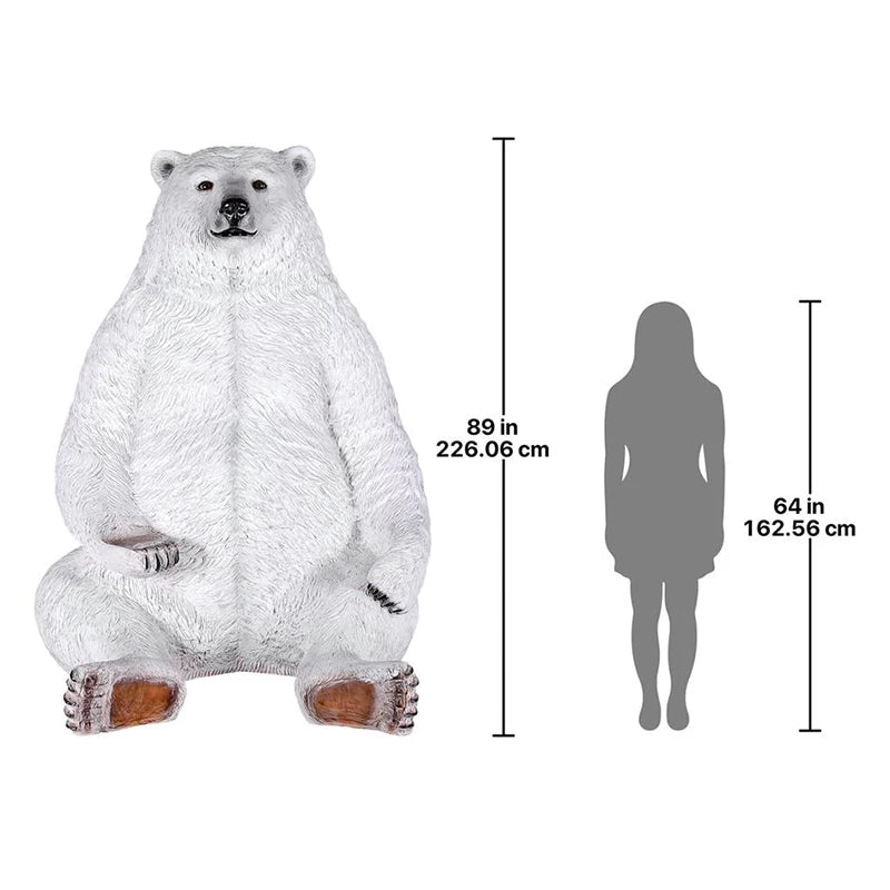 Large Polar bear statue - 7 Feet - front view next to a woman's silhouette with dimensions on a white background