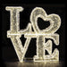 Stacked lighted letters spelling the word love. Stands over 5 feet off the ground. Perfect picture backdrop and large room decoration.