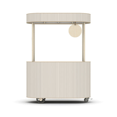 White background showing mobile bar cart on wheels for easy mobility and customizable sign.