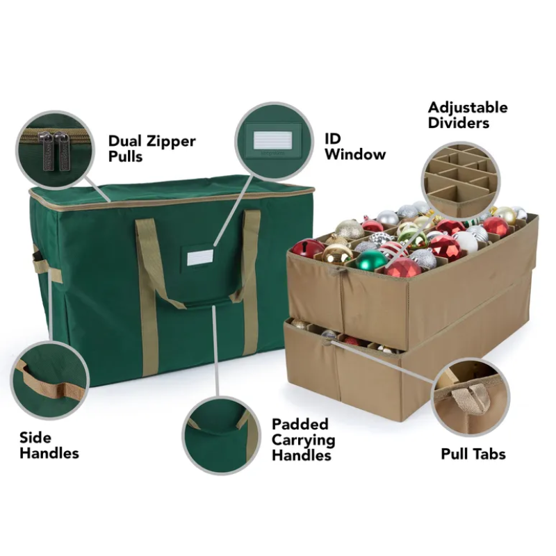 Ornament storage box with two trays to hold ornaments, padded carry handles and adjustable dividers.