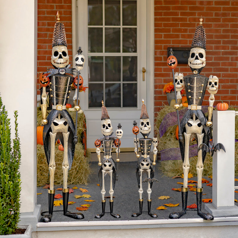 All four skeleton soldier halloween decorations. Two large skeletons come in one set and two smaller skeletons in another set. 