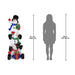 Outdoor Snowman Decoration front view next to a woman's silhouette with dimensions on a white background