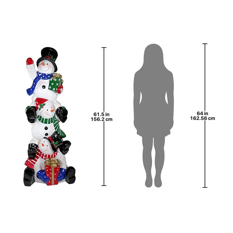 Outdoor Snowman Decoration front view next to a woman's silhouette with dimensions on a white background