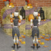 Back view of soldier skeleton set. Black boots, soldier coat and pointed hat with orange details.