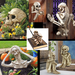 7 Skeleton Halloween decoration set. Includes wall climbing skeleton, large skull, three skeleton pencil holder, two skeleton shelf sitters and two happy expression skeletons with hands on head.