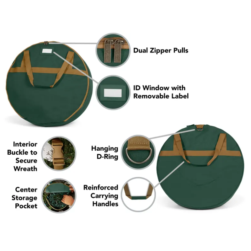 Storage for wreath with center storage pocket for additional space and D-ring for hanging.